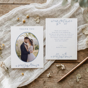 Cartão De Agradecimento Foto de casamento floral azul vintage francês