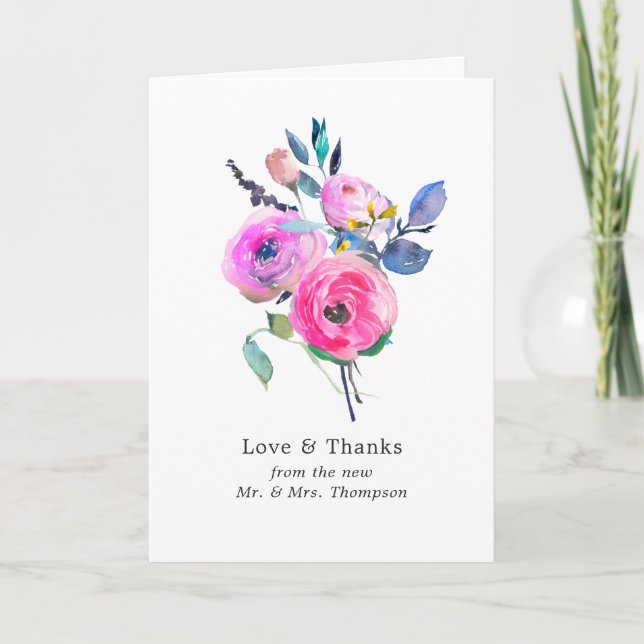 Cartão De Agradecimento Foto De Casamento Floral De Aquarela Rosa-Quente (Frente)