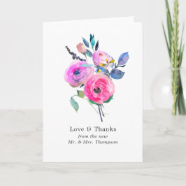 Cartão De Agradecimento Foto De Casamento Floral De Aquarela Rosa-Quente