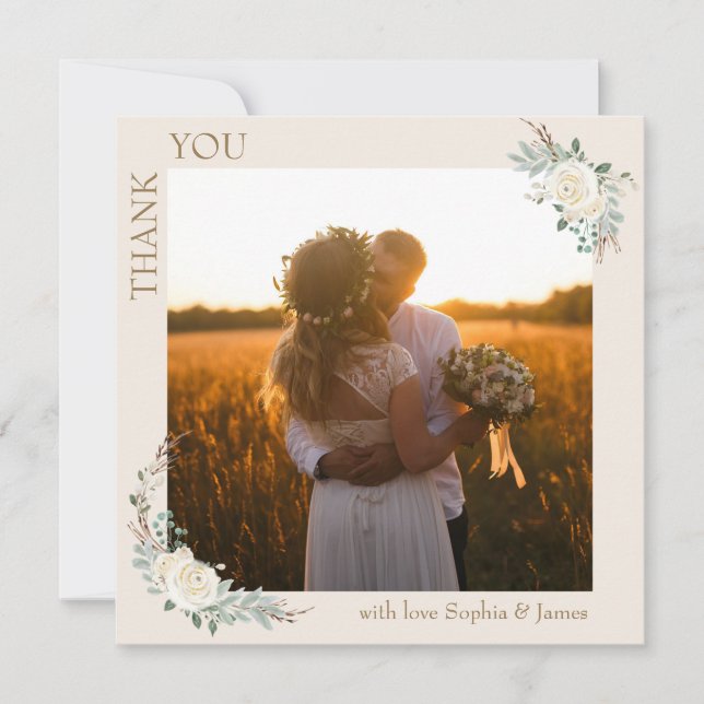 Cartão De Agradecimento Foto de Casamento Floral Dourado de Creme Minimali (Frente)