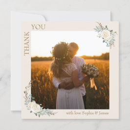 Cartão De Agradecimento Foto de Casamento Floral Dourado de Creme Minimali