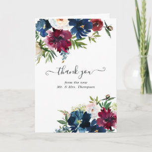 Cartão De Agradecimento Foto de casamento floral em aquarela Bordo e Navy
