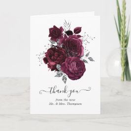 Cartão De Agradecimento Foto de casamento floral em burgundy e prata