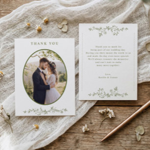 Cartão De Agradecimento Foto de casamento floral oval vintage em azeitona