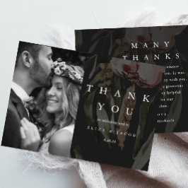 Cartão De Agradecimento Foto de Casamento Floral Preto Elegante