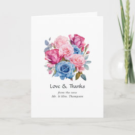 Cartão De Agradecimento Foto de casamento floral rosa e azul