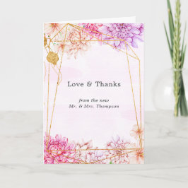 Cartão De Agradecimento Foto de Casamento Geométrico Floral Roxo e Dourada