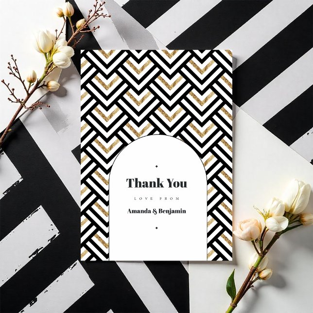 Cartão De Agradecimento Foto de Casamento Geométrico Moderno Preto e Doura (Modern Black and Gold Geometric Wedding Photo Thank You Card)