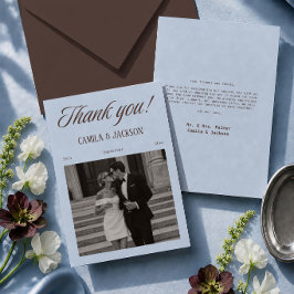 Cartão De Agradecimento Foto de casamento marrom e azul