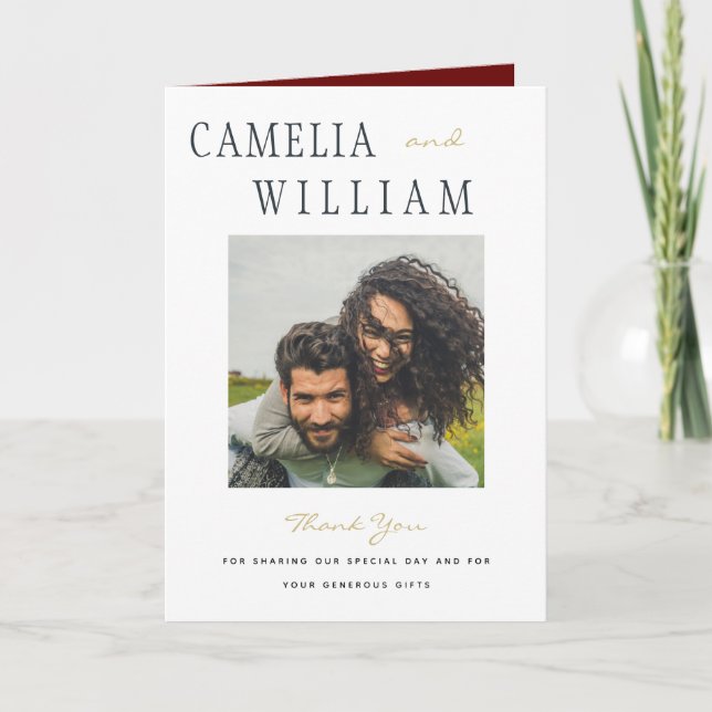 Cartão De Agradecimento FOTO de casamento moderna dourada da Borgonha Obri (Frente)