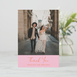 Cartão De Agradecimento Foto de casamento moderna manuscrita em rosa e lar