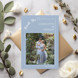 Cartão De Agradecimento Foto de casamento moderna simples azul empoeirado