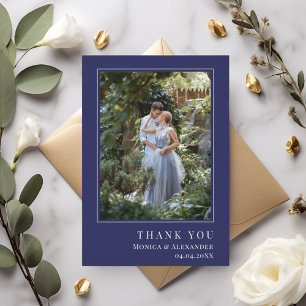 Cartão De Agradecimento Foto de casamento moderna simples azul marinho