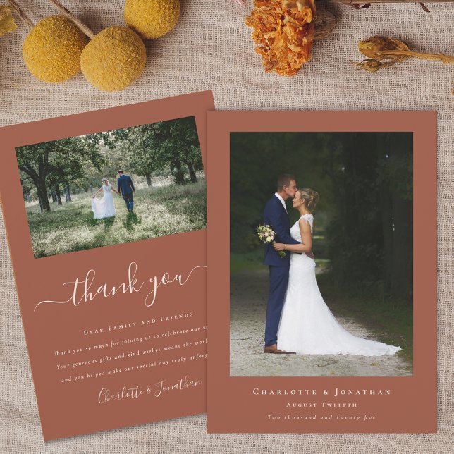Cartão De Agradecimento Foto de casamento moderno simples (Modern simple wedding photo thank you card burnt Orange terracotta and elegant beige script)