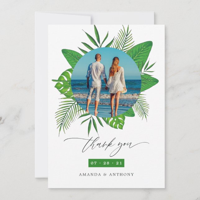 Cartão De Agradecimento Foto de Casamento na Praia Tropical (Frente)