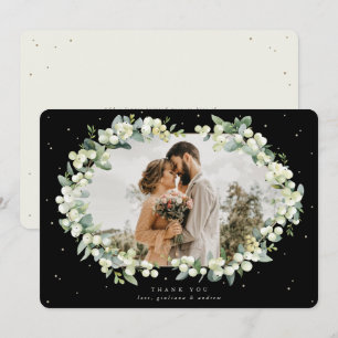 Cartão De Agradecimento Foto de Casamento Negra/Nata+Eucalyptus