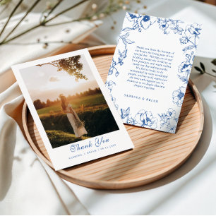 Cartão De Agradecimento Foto de casamento no jardim floral azul real elega