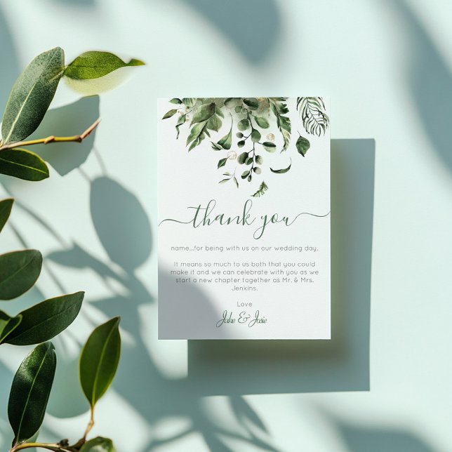 Cartão De Agradecimento Foto de casamento, plantas de casa verde deixa cas (Wedding photo, green leaves wedding thank you card)