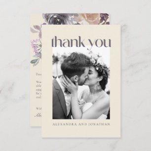 Cartão De Agradecimento Foto de Casamento por Aquarela Floral Roxa Moderna