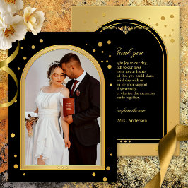 Cartão De Agradecimento Foto de Casamento Preto Dourado Confetti Sparkles
