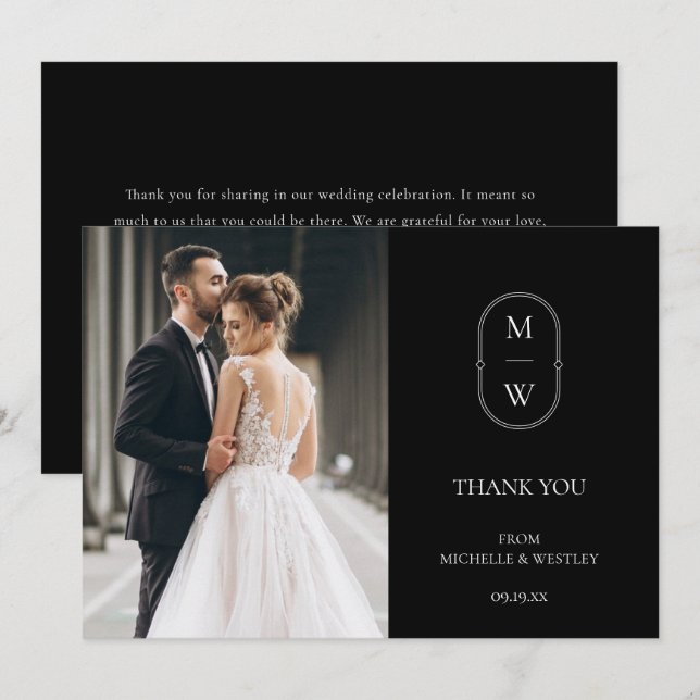 Cartão De Agradecimento Foto de Casamento Preto e Branco do Monograma Mini (Frente/Verso)