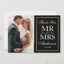 Cartão De Agradecimento Foto de Casamento Preto e Branco Elegante Obrigado