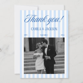 Cartão De Agradecimento Foto de casamento retrô branco e azul