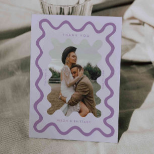 Cartão De Agradecimento Foto de Casamento Roxo de Linha Desenhada à Mão Es