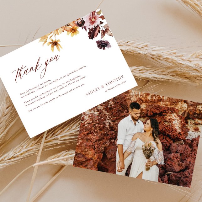 Cartão De Agradecimento Foto de Casamento Rustic Fall Boho (Criador carregado)