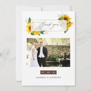 Cartão De Agradecimento Foto de casamento rústico de girassol em aquarela