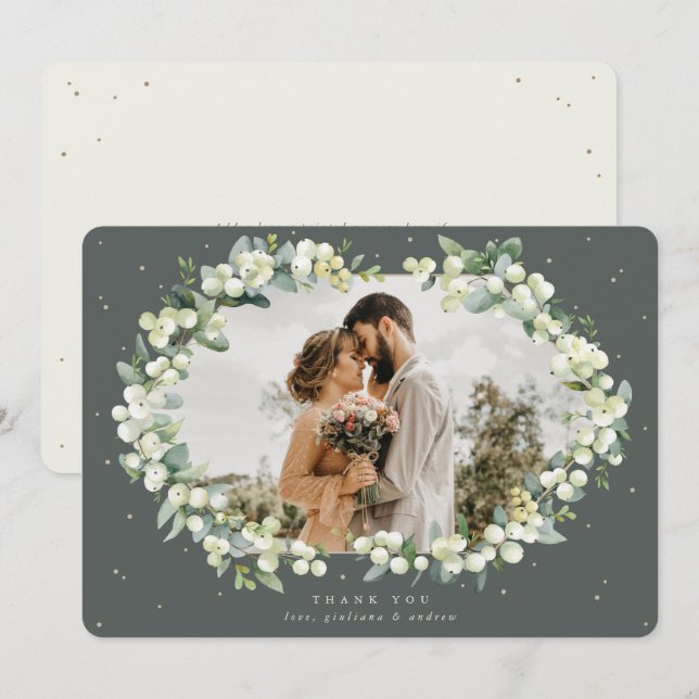 Cartão De Agradecimento Foto de Casamento Verde/Creme de Snowberry+Eucalyp (Frente/Verso)