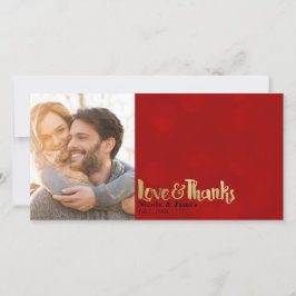 Cartão De Agradecimento Foto de Casamento Vermelho e Dourado Amor e Agrade