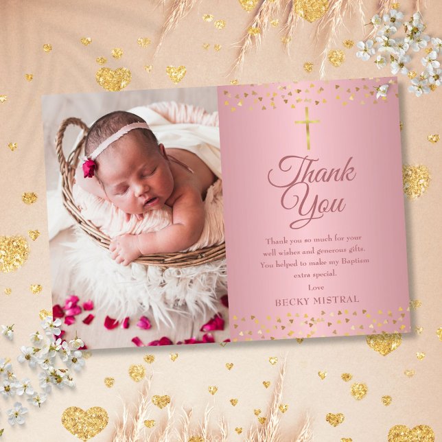Cartão De Agradecimento Foto de Copas de Batismo Dourado rosa (Rose Gold Baptism Christening Hearts Photo Thank You Card)