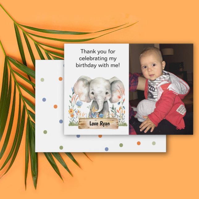 Cartão De Agradecimento Foto de Crianças Obrigado (Safari Jungle Elephant Colorful Flowers Dots Personalizable Photo Birthday Thank You Card)