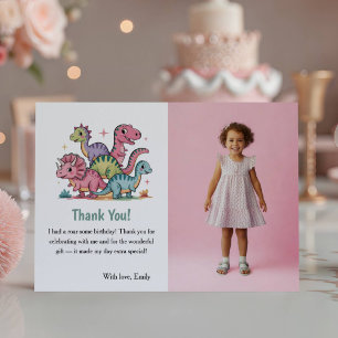 Cartão De Agradecimento Foto de Dinossauro Rosa Fofa para Aniversário de C