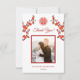 Cartão De Agradecimento Foto de Flor Oriental Vermelha Casamento Chinês
