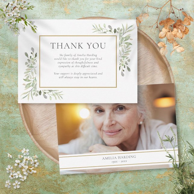 Cartão De Agradecimento Foto de folhagem de aquarela memorial fúnebre (Funeral Memorial Watercolor Foliage Photo Thank You Card)