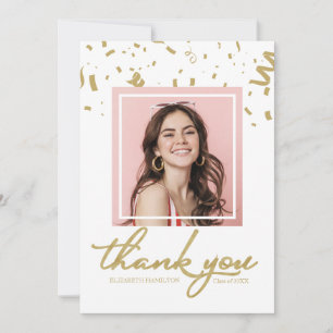 Cartão De Agradecimento Foto de Formatura com Confetes Dourados Obrigado