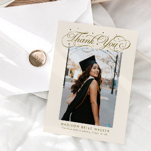 Cartão De Agradecimento Foto de Formatura com Letra Elegante Bege