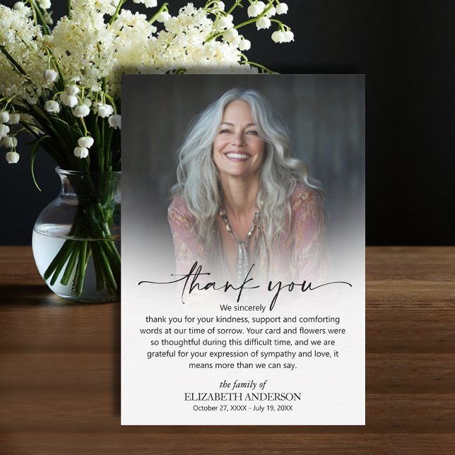 Cartão De Agradecimento Foto de Funeral Simples (Funeral Thank You Card with your message printed over your loved one's photo, default size 3.5" x 5")