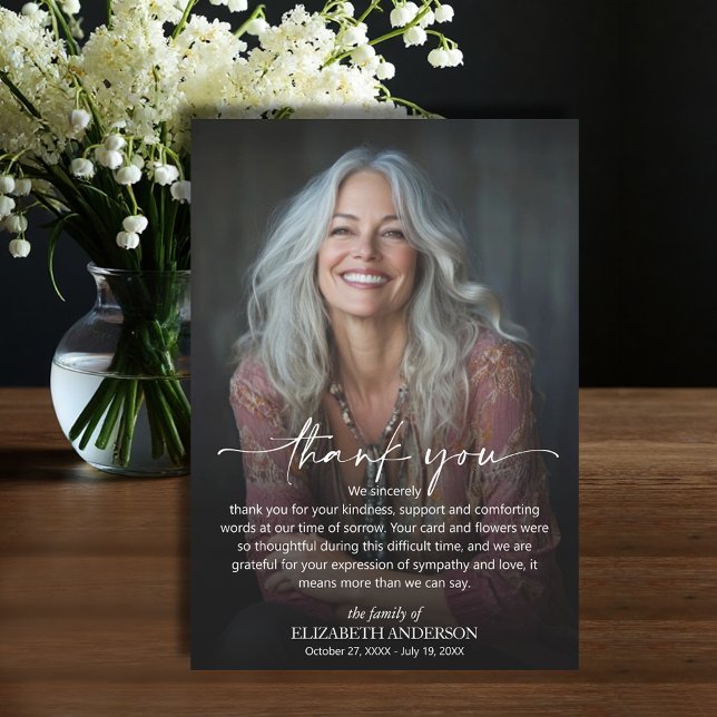 Cartão De Agradecimento Foto de Funeral Simples (Funeral Thank You Card with your message printed over your loved one's photo, default size 3.5" x 5")