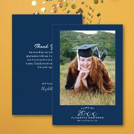 Cartão De Agradecimento Foto de Graduação Azul do Marinho de Script Elegan