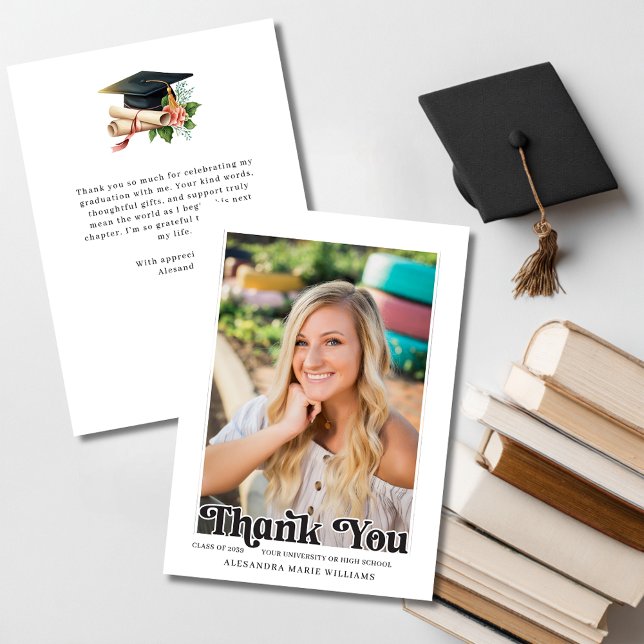 Cartão De Agradecimento Foto de Graduação com Letra Retro (Retro Script Photo Graduation Thank You Card)