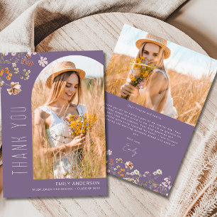 Cartão De Agradecimento Foto de Graduação de Flor Selvagem Roxa Obrigado