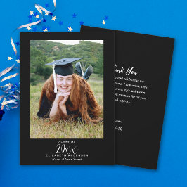 Cartão De Agradecimento Foto de Graduação de Script Branco Preto Simples E