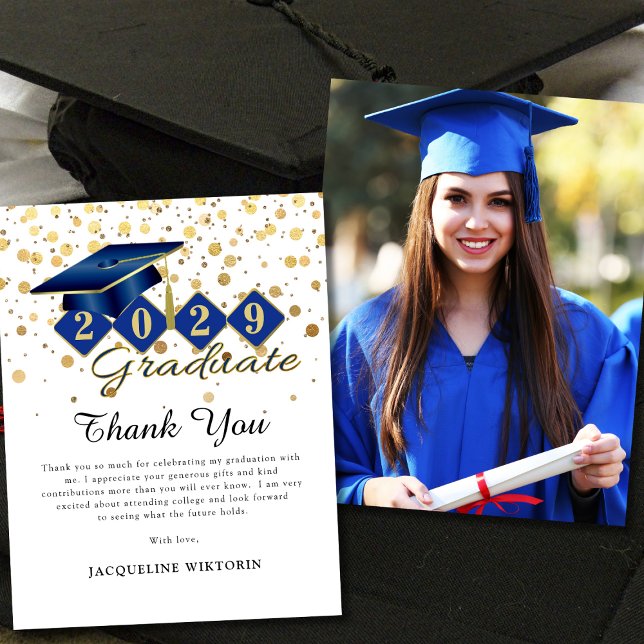Cartão De Agradecimento Foto de Graduação Dourada Clássica Azul (Classic Blue Gold Graduation Photo Thank You Card)