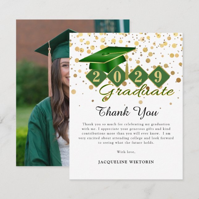 Cartão De Agradecimento Foto de Graduação Dourada Verde Clássica (Frente/Verso)