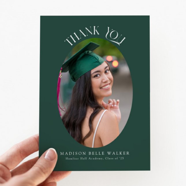 Cartão De Agradecimento Foto de Graduação Elegante de Oval Verde Obrigado (Criador carregado)