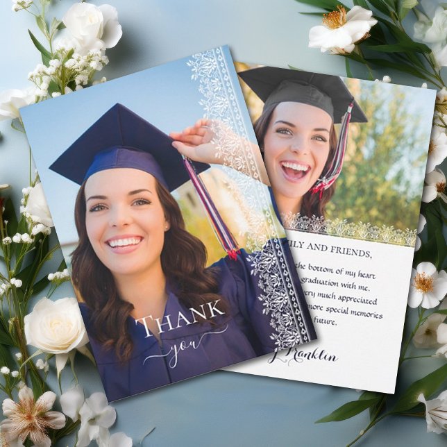 Cartão De Agradecimento Foto de Graduação em Lace Vitoriano do Elegante Ba (Elegant Victorian Baroque Lace Edged Graduation Thank You Card customizable with space for 2 photos.)