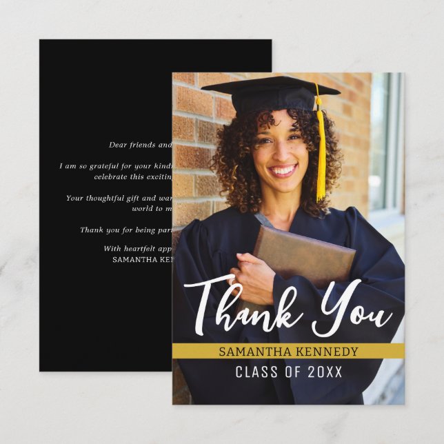 Cartão De Agradecimento Foto de graduação em preto moderno e Dourado 2025 (Frente/Verso)